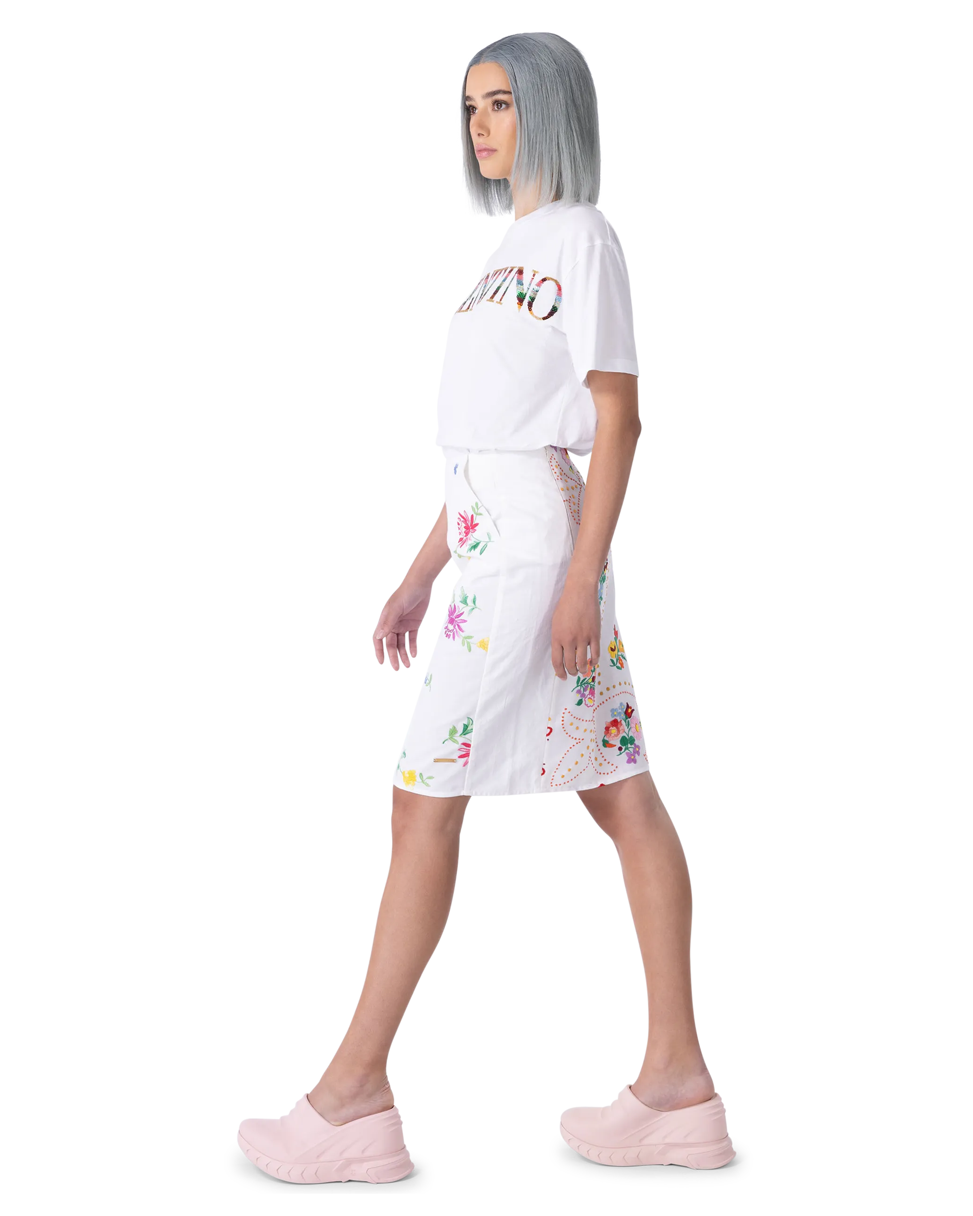 Embroidered White Linen Skirt