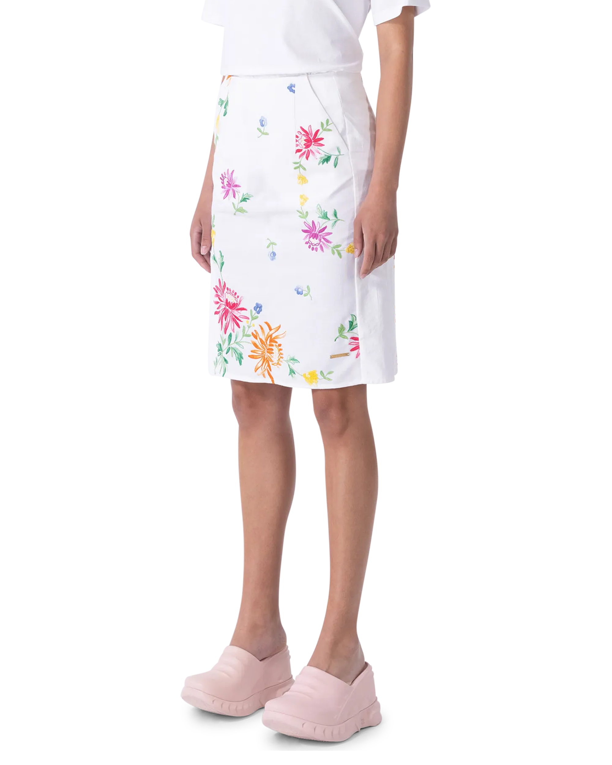 Embroidered White Linen Skirt