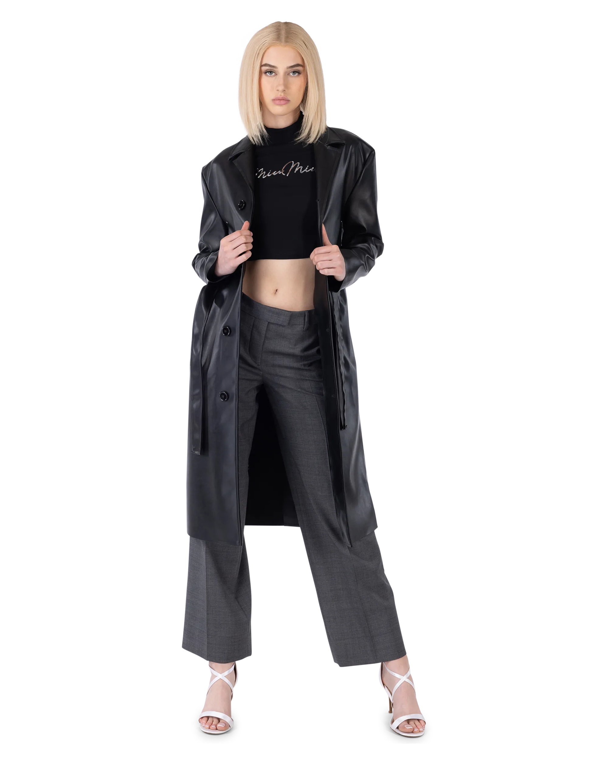 Belted Faux Leather Trench Coat