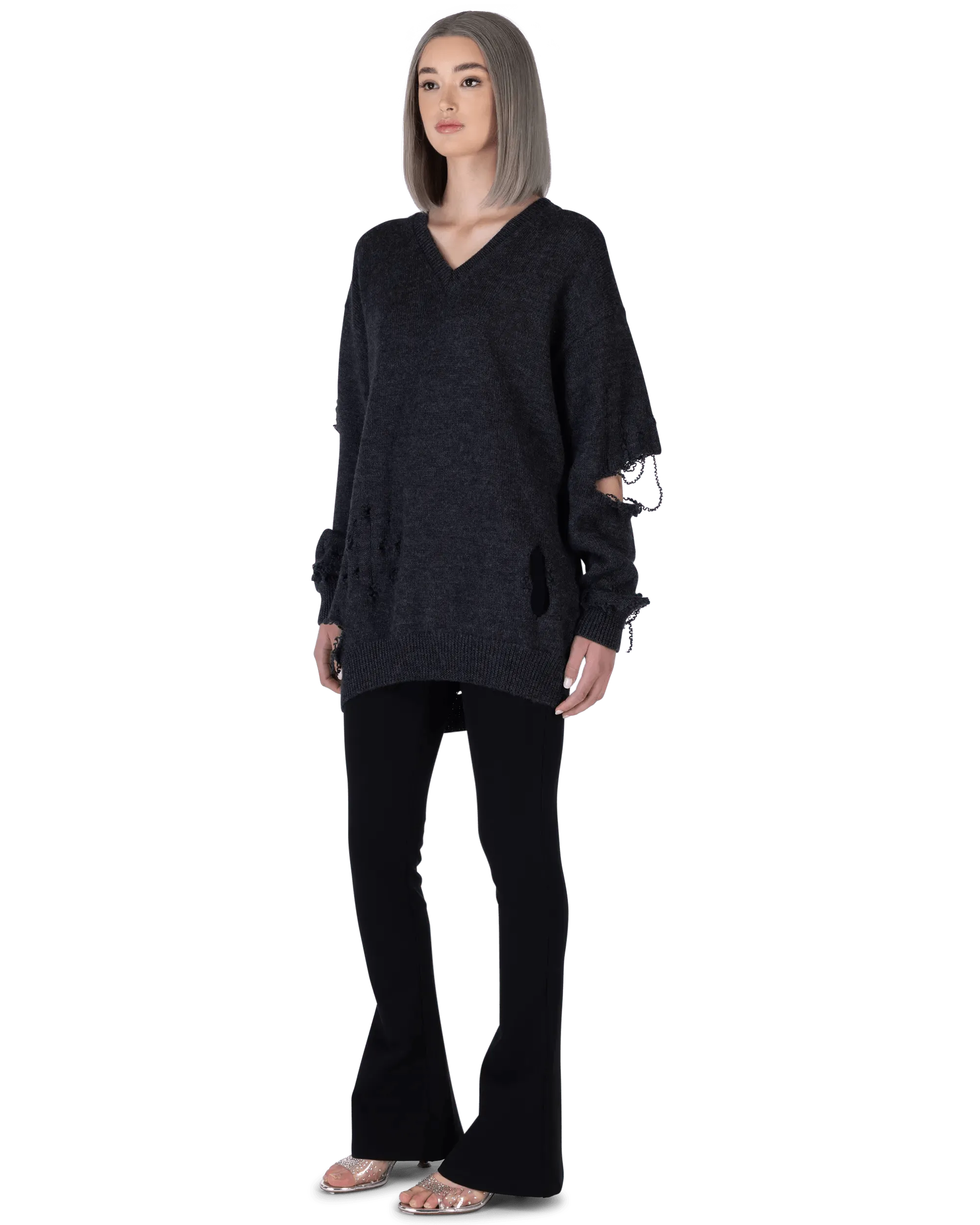 Distressed Wool V-Neck Sweater - DIHSAN