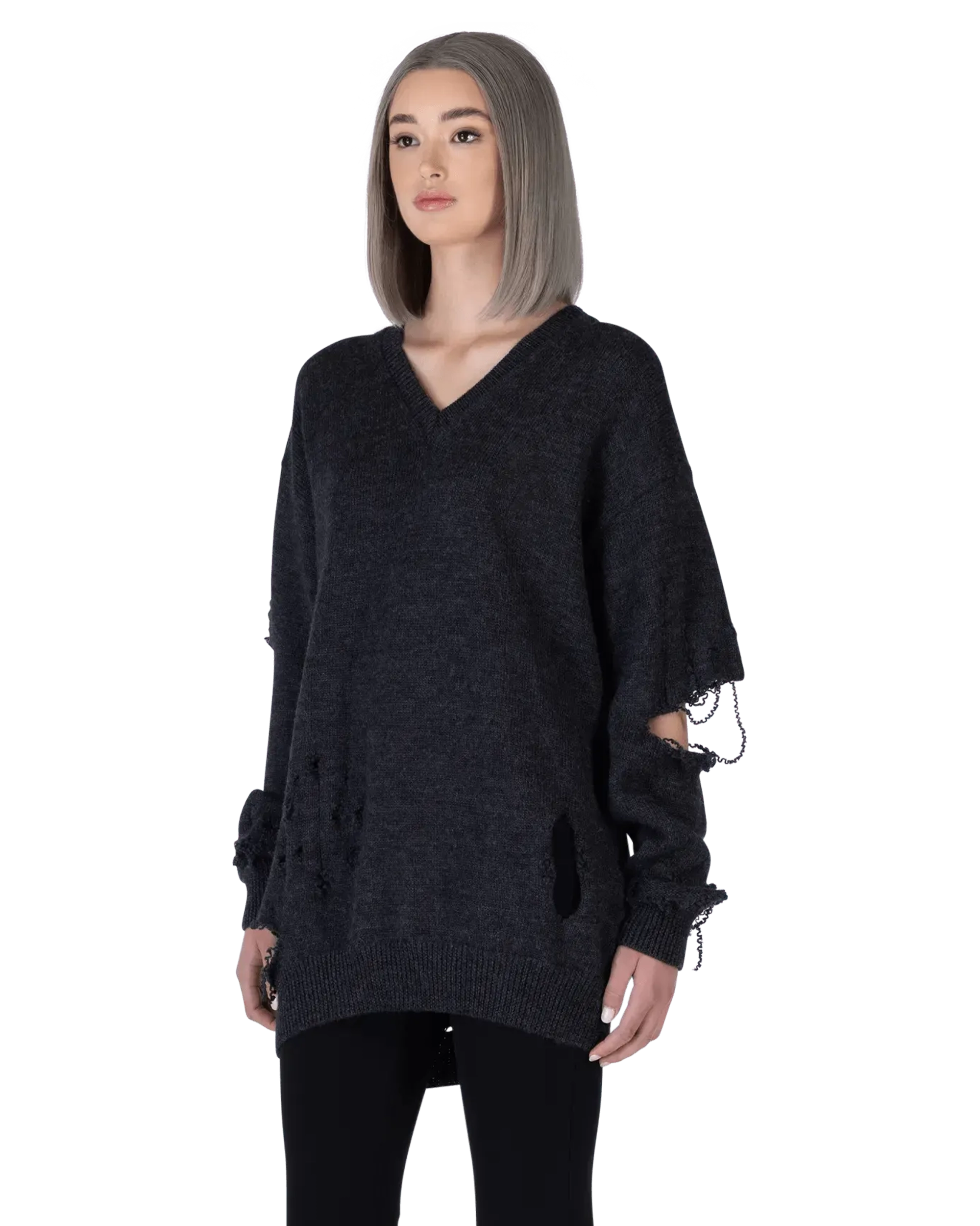 Distressed Wool V-Neck Sweater