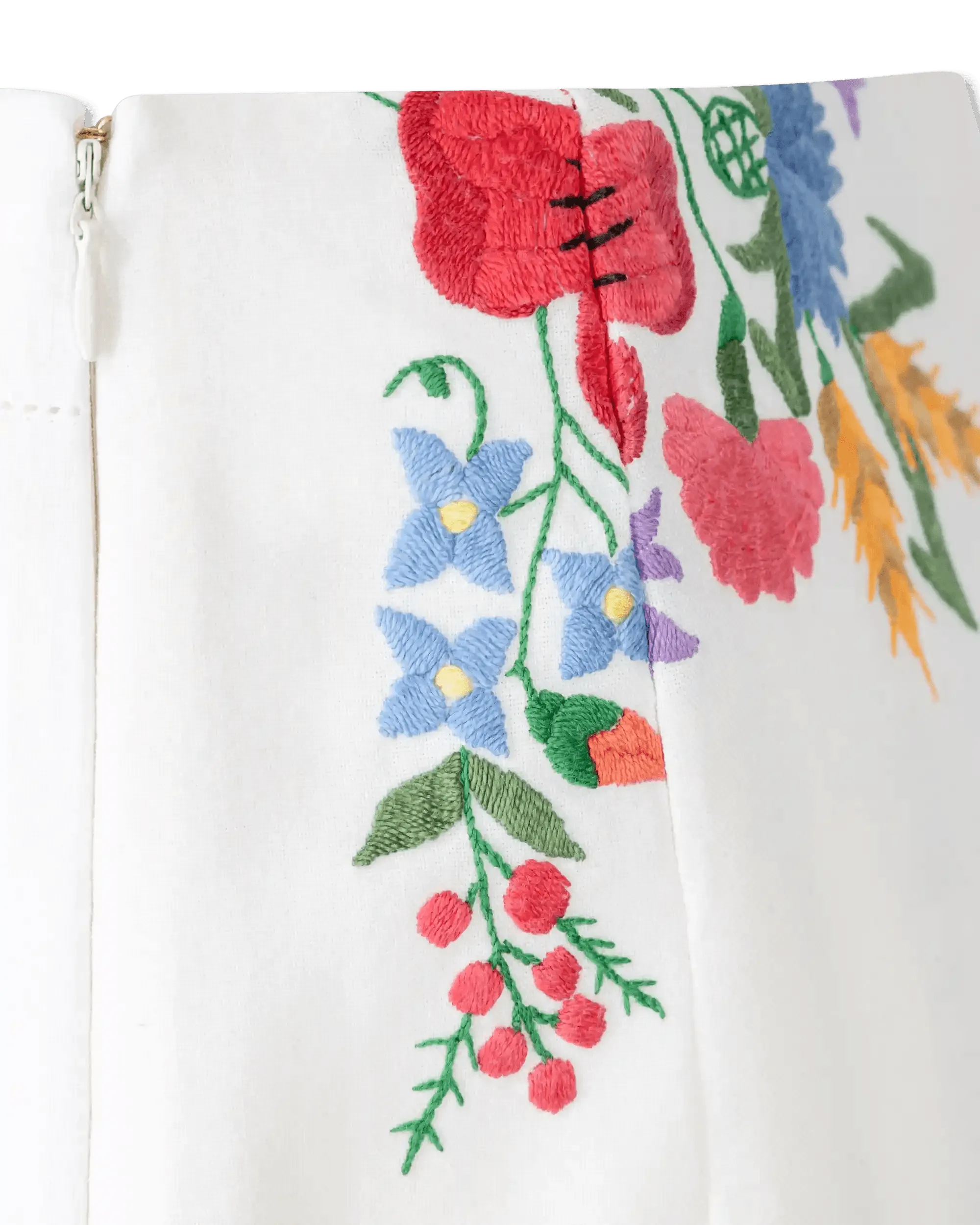 Embroidered Linen Slit Skirt