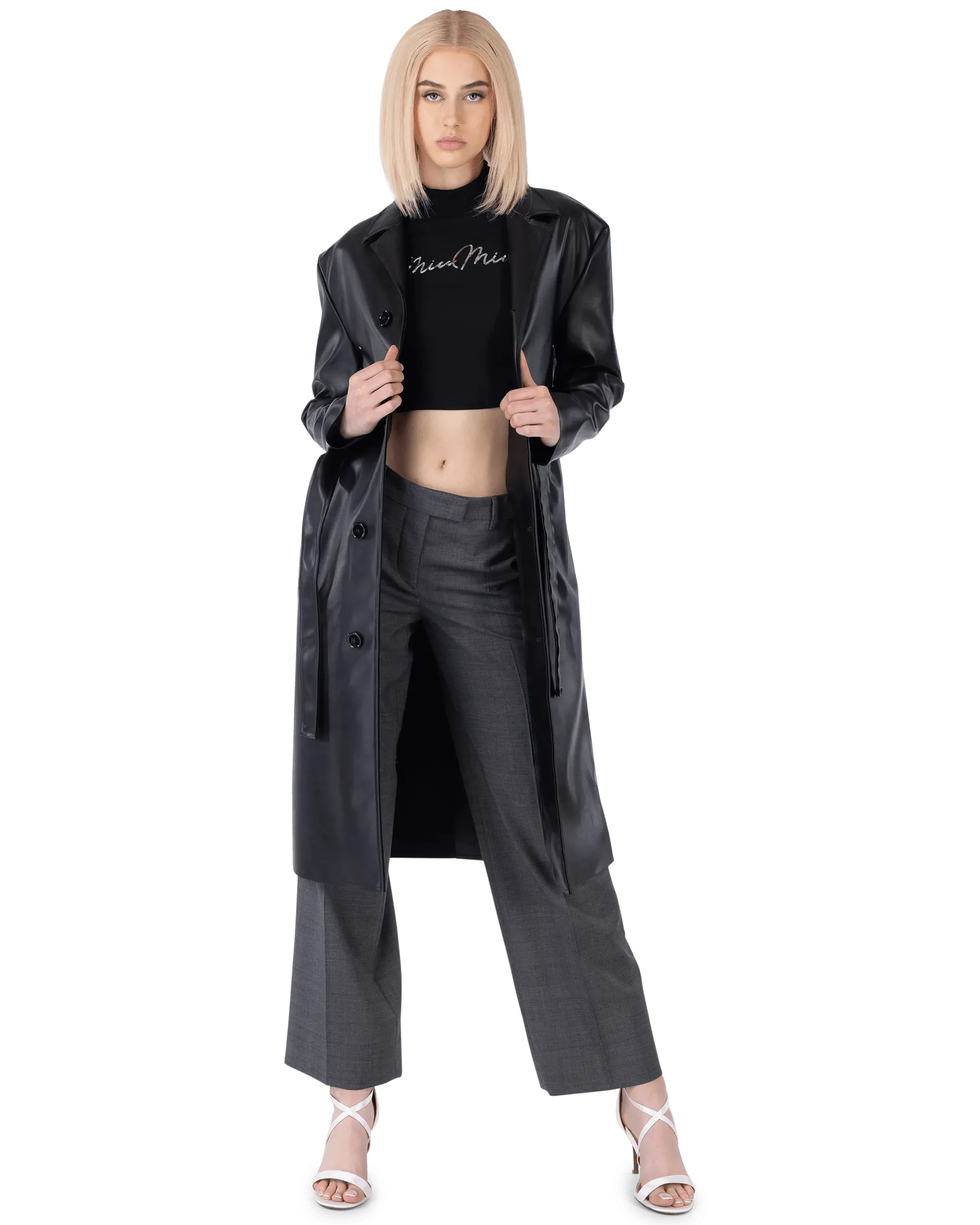 Belted Faux Leather Trench Coat - DIHSAN