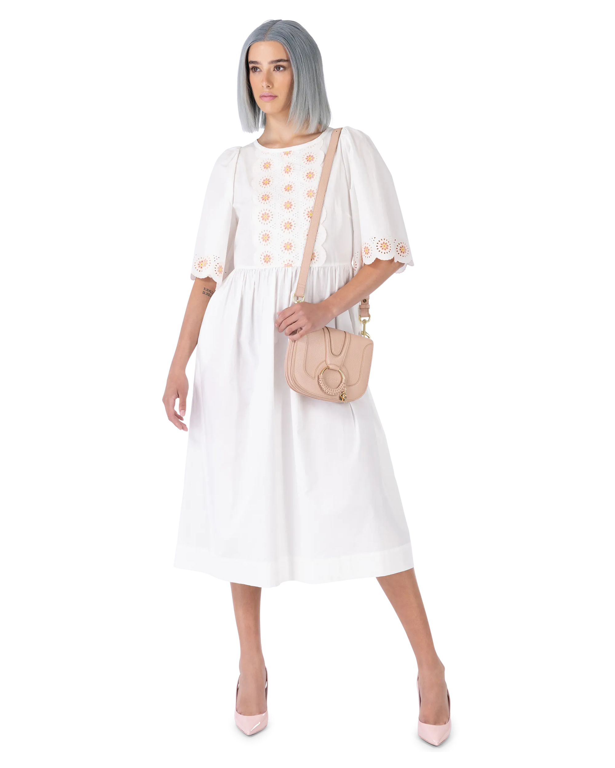 Floral Embroidered Short Sleeve White Dress