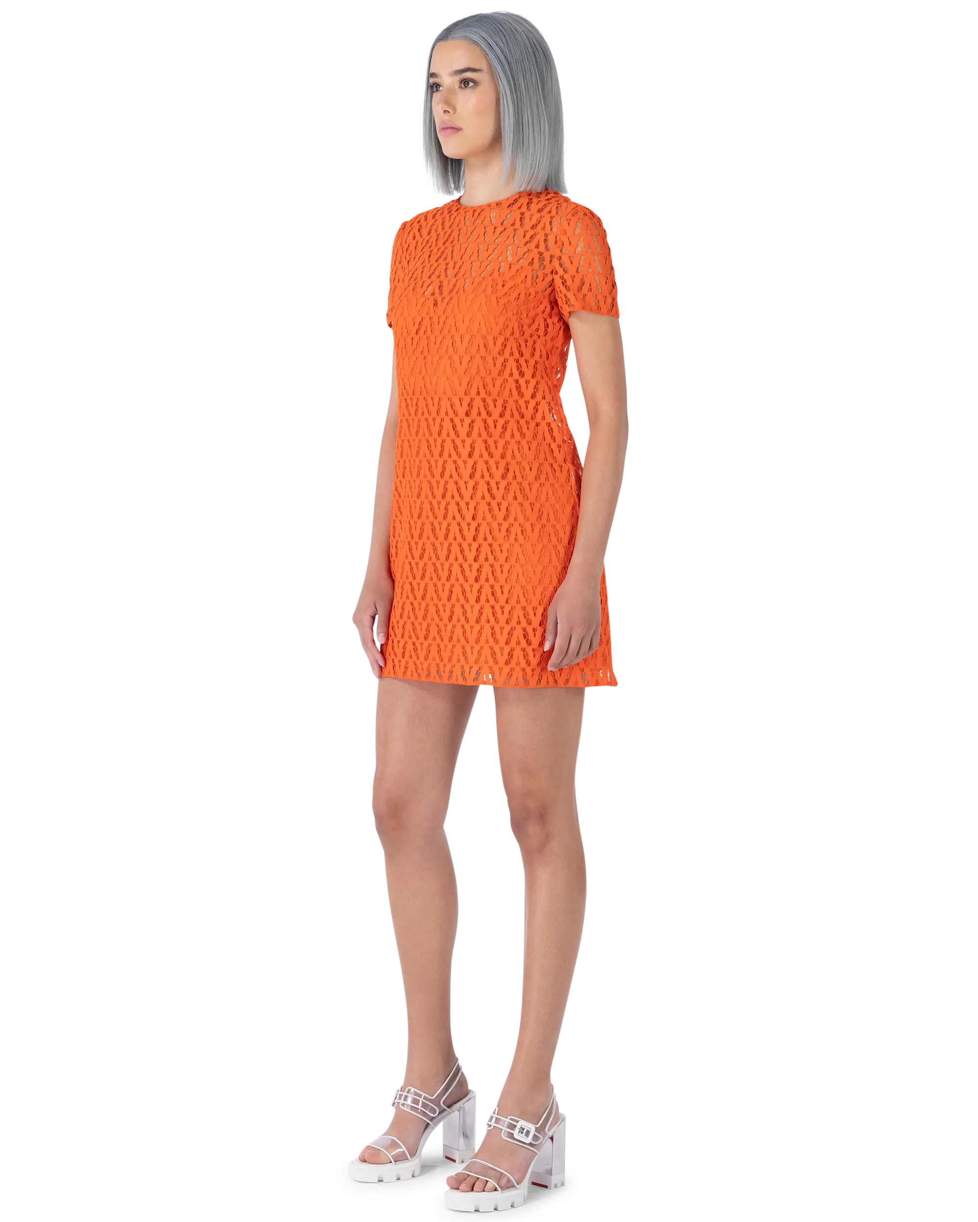 V Pattern Lace Short Sleeve Mini Dress